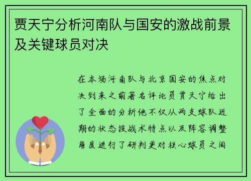 贾天宁分析河南队与国安的激战前景及关键球员对决